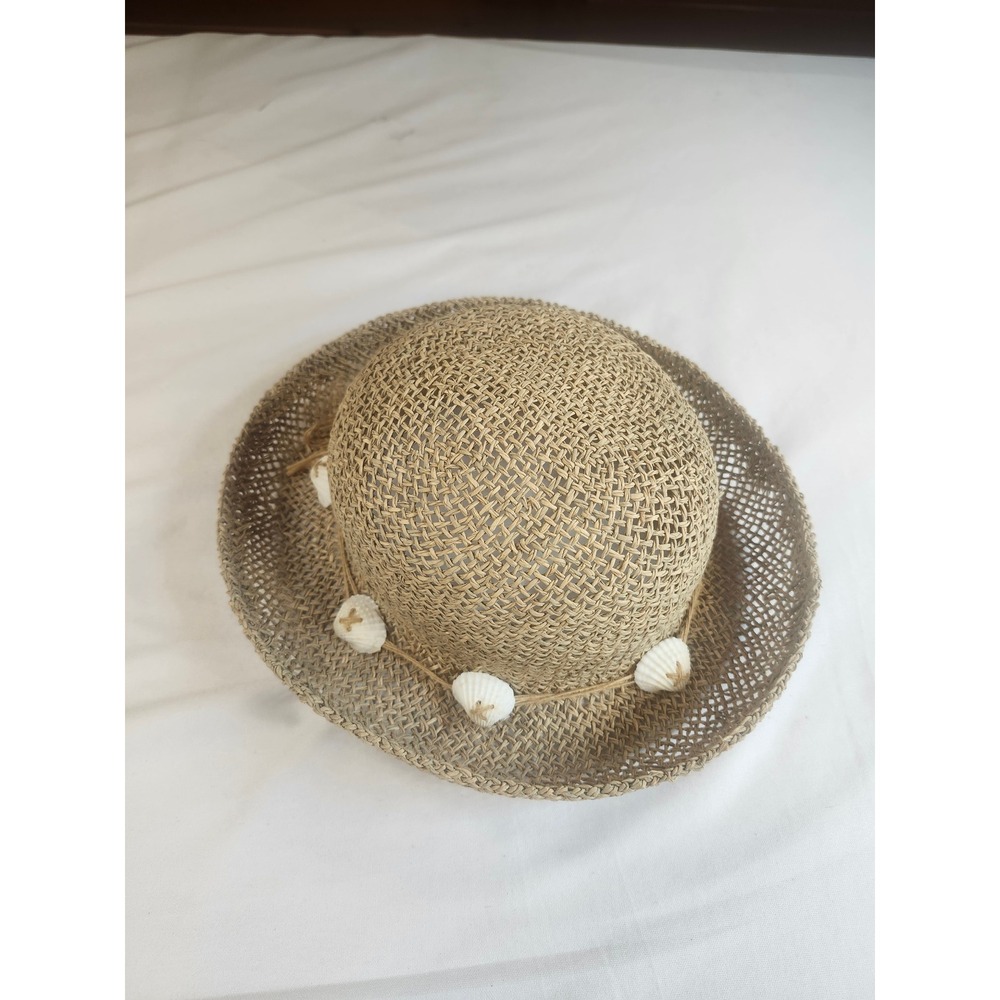 Woven Straw Beach Sun Hat with Seashell Detail Natural Tan Boho Summer Accessory